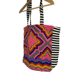Large boho tote beach bag.  Canvas stripes and bright pattern